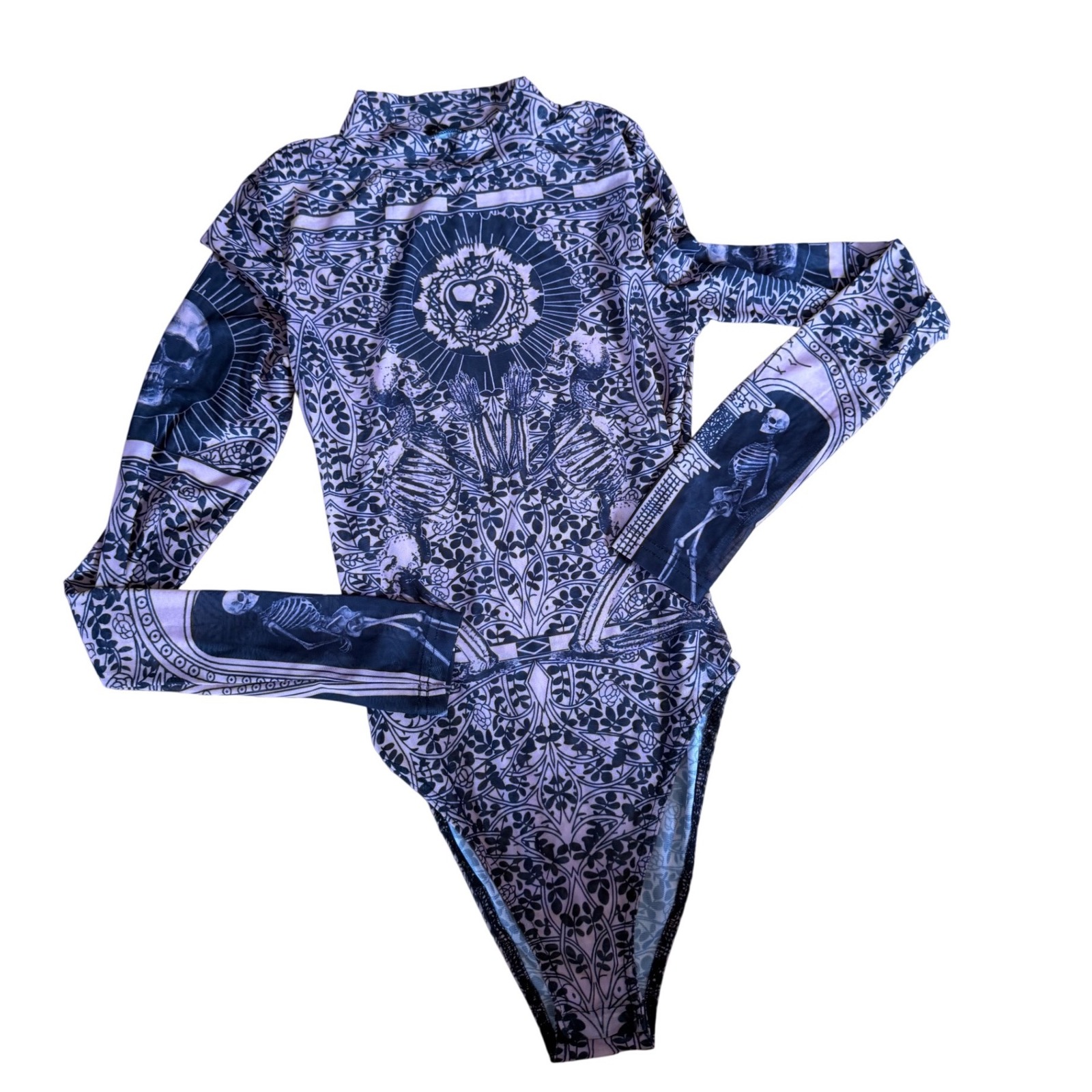 Tattoo Print Bodysuit Skulls Hearts Florals Dark Gothic Sheer Dark Romantic